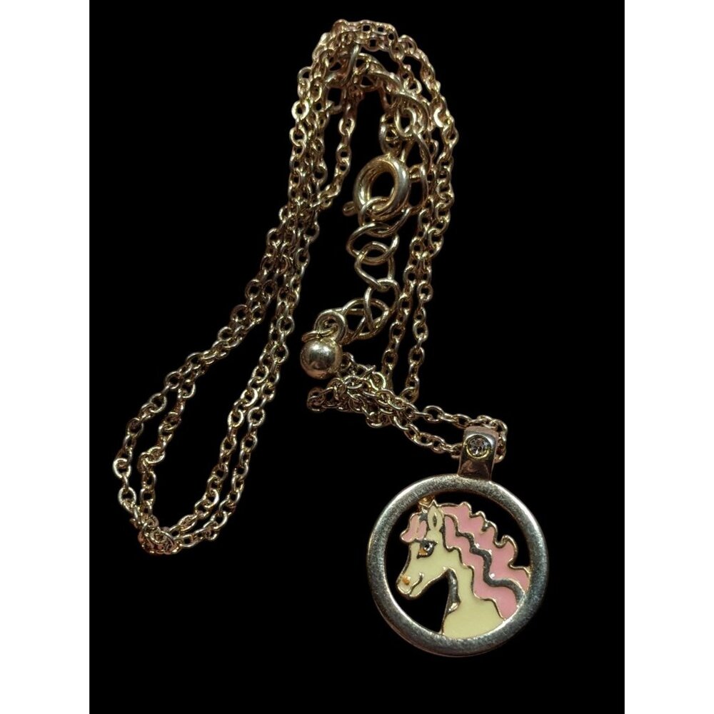 Vintage Pink And White Unicorn Pendant Necklace With Gold Tone Chain